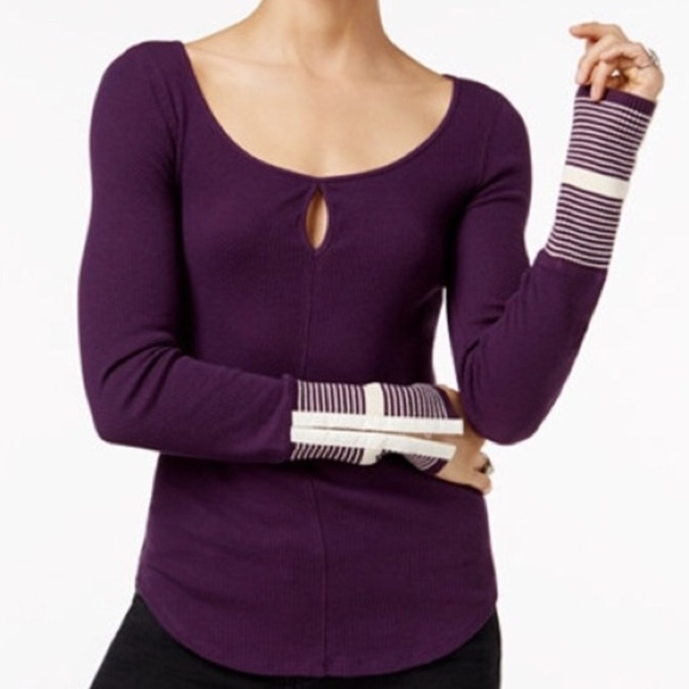Free People Purple Striped Thermal Keyhole Top